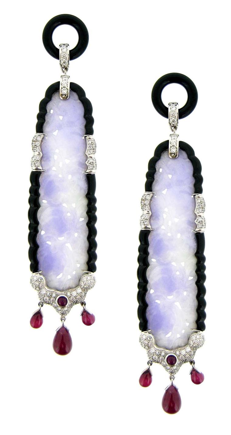 These unique Edward Chiu jadeite-coloured gemstone earrings are made from white gold, lavender jade, black jade, ruby and diamonds.
